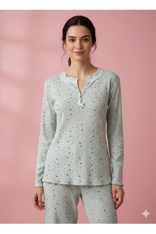 Dantel Yaka Detaylı Pamuklu Penye Kumaş Pijama Takımı Açık Yeşil