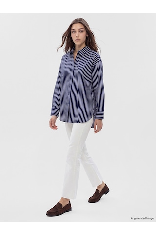Lcw Modest Lacivert Çizgili Oversize Kadın Gömlek Tunik