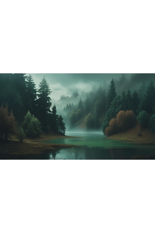 Doğa Ve Manzara Yatay Yoğun Ağaçlar Ve Gizli Göl, Sisli Vadi, Gizemli Ruh Hali Soluk Renkler 03 Çerçevesiz 90x60cm Pvc Tablo
