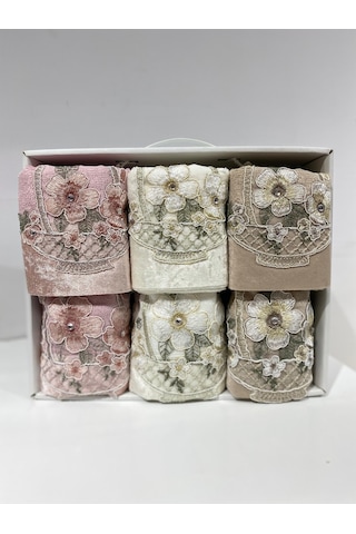 Kadife Gipürlü Analı Kızlı Havlu Seti 6 Lı 3 Ad 50 90-3 Ad 30 50 Krem - Kahve - Pudra