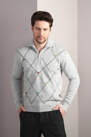 Ferraro A.Gri Fermuarlı Dik Yaka %100 Kuzu Yünü Erkek Kazak Açık Gri (536161083) Açık Gri