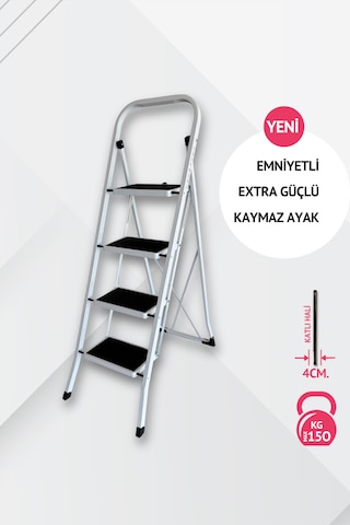 Portalife 4 Basamaklı Beyaz Çelik Merdiven - Ekstra Güçlü Gövde - Kalın Profil