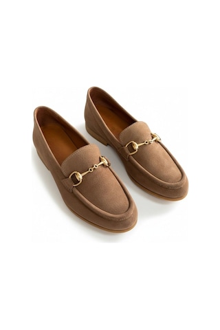Ne&ve Shoes Vizon Süet Hakiki Deri Gold Zincir Aksesuarlı Kadın Loafer Ayakkabı