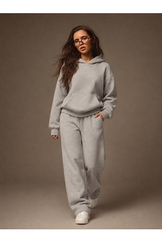 Macklin Unisex Kadın Erkek Baskısız Sweatshirt Oversize 3 İplik Kapüşonlu Hoodie Ve Baggy Eşofman Altı Dumangrii