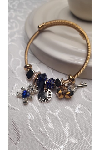 Uzel Çelik Sarı Gold Model Anahtarlı Ayıcık Charmlı Çelik Bileklik Mavi