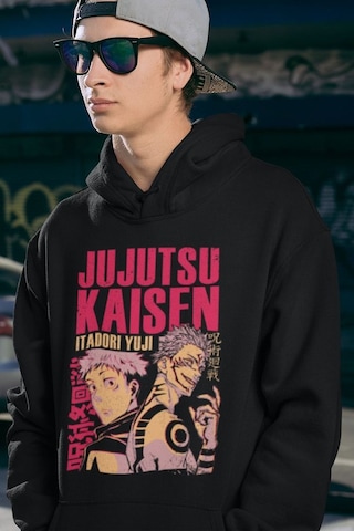 Jujutsu Kaisen Itadori Yuji Baskılı Unisex Oversize Anime Hoodie Siyah
