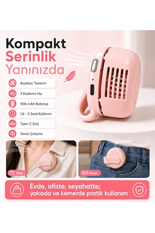 Şarjlı Klipsli Mini Fan Bıçaksız 3 Kademeli Type-c Taşınabilir Yaka Kemer Cep Ve Pembe