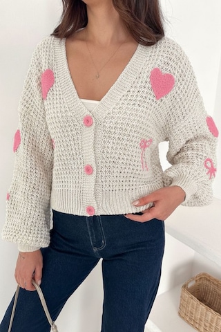 Noa & Noa Kadın Kalp Ve Fiyonk Desenli Nakışlı Triko Hırka Love Knit Pembe