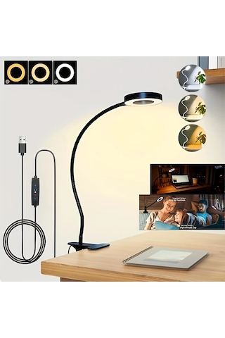 Boatshop1 Modern Usb Şarjlı Siyah Led Klipsiz Masa Lambası 360 Ördek Boyunlu Ayarlanabilir Parlaklık Ofis Okuma Video Konferans İçin Uzay Temalı Tasarım Siyah