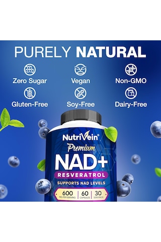 Nutrivein Premium Nad + Resveratrol 600 Mg Aging Cognition Metabolism Overall Well-being 60 Caps