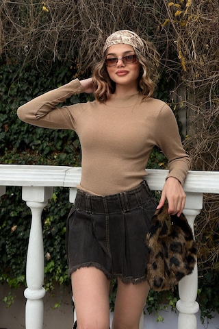 Saks Yarım Balıkçı Şardonlu Fitilli Bluz Sütlü Kahve