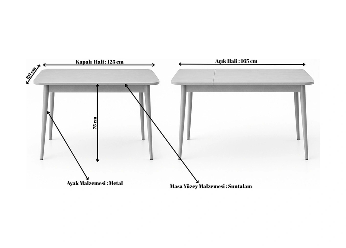 Dengema Milano Açılır Dikdörtgen Masa Ceviz Desen, Beyaz Ayak, 80 125 165 Cm, 4 6 Kişilik Sandalyesiz Ceviz Desen - Beyaz Ayak