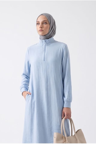 Armine Trend Yarım Fermuarlı Kolları Lastikli Çilek Kumaş Tunik Mavi 26yt462