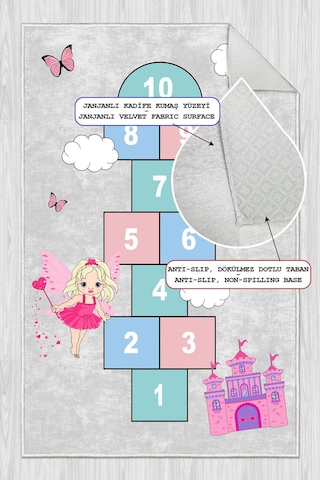 Dijital Baskılı Dekoratif Kaymaz Taban Yıkanabilir Kız Çocuk Seksek Temalı Modern Çocuk Halısı Gri