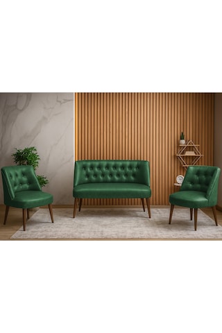 Milano 3 Lü Deri Oturma Grubu 2 Berjer + 1 İkili Koltuk Ofis & Ev Kullanımı Yeşil Yeşil