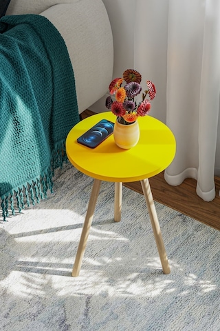 İntergo Yuvarlak Ahşap Ayaklı Tekli Zigon Yan Sehpa Sarı