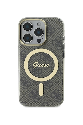 Apple iPhone 16 Pro Uyumlu Kılıf Guess Lisanslı Magsafe Özellik Yazı Logolu 4g Desenli Kahverengi