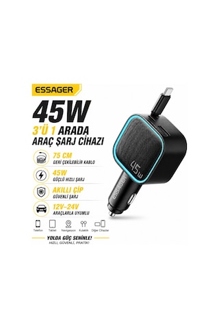 Essager 45w Hızlı Şarj Araç Şarj Cihazı Type C 75cm Çekilebilir Kablo Usb-c Usb-a 3'lü Çıkış 12v/24v