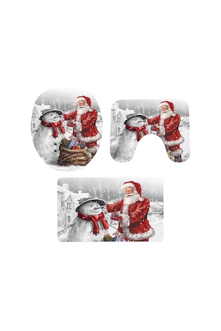 3 Adet Kaymaz Banyo Paspası, Noel Baba Ve Kardan Adam Desenli Klozet Kapağı Örtüsü Ve Halı, Noel Ve Yeni Yıl Ev Dekorasyonu