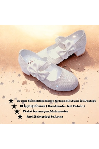 Beebron Ortopedik Topuklu Abiye Kız Çocuk Ayakkabı Shining Series Abiayk2401 Simli Krem Krem