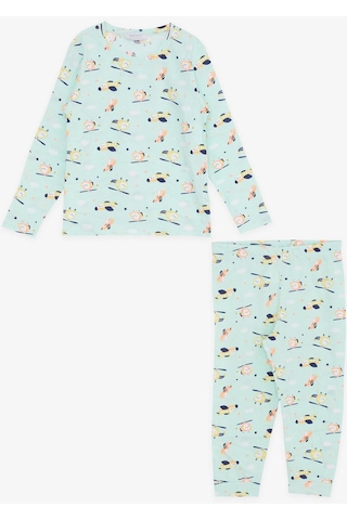 Breeze Kız Çocuk Pijama Takımı Renkli Helikopter Desenli 1.5-5 Yaş, Su Yeşili-su Yeşili Su Yeşili