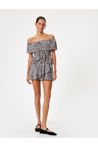 Koton Madonna Yaka Tulum Mini Leopar Desenli Volanlı Kısa Kollu Siyah Desenli 4sal40188ık Siyah