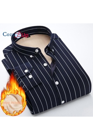 Rahat Up Erkekler Rahat Polar Şerit Gömlek Termal Düğme Yukarı Uzun Kollu Sıcak Gömlek Erkekler İçin Mavi