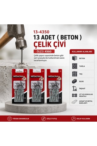 Medalyan Dl-23 Beton Çelik Çivi 4x60 - 13 Adet- 12'li Paket Diğer
