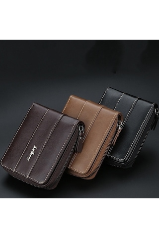 Zyzqstore Erkek Baellerry Küçük Cüzdan Toka Çoklu Kart Bozuk Para Üç Katlı Fermuarlı Koyu Kahve Koyu Kahverengi Cüzdan Koyu Kahverengi