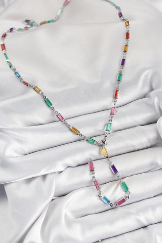 Pirinç Renkli Zirkon Taşlı Dikdörtgen Model Gümüş Renk Kadın Y Kolye Çok Renkli