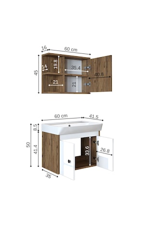 Lavabolu Mat Suntalam 60 Cm Banyo Dolabı + Aynalı Üst Dolabı Atlantik Çam - Beyaz