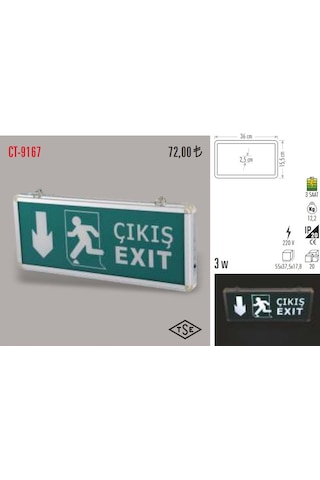 Cata Ct-9167 Acil Çıkış Exit Yönlendirme Armatür Levhası Led Yeşil