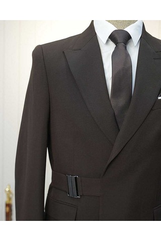 Bys Beystil Erkek Kahve Slimfit Beli Tokalı Takım Elbise
