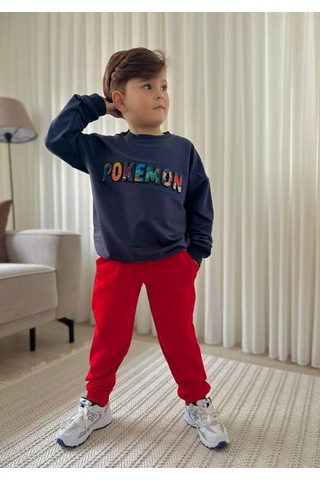 Jeliboomkidswear Erkek Çocuk 3-10 Yaş 2 İplik Likralı Günlük Eşofman Takımı Koyu Gri Füme - Kırmızı