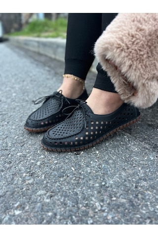 Dabab Shoes Vırena Kadın Siyah Hakiki Deri File Bağcıklı Düz Taban Yazlık Babet Loafer Ayakkabı