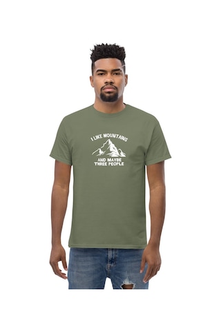 Wildstyle I Like Mountains And Maybe Three People Dağcı Baskılı Unisex Pamuklu Tişört Haki