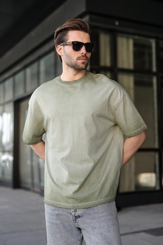 Madmext Haki %100 Pamuklu Bisiklet Yaka Oversize Erkek Tişört E7177 Haki