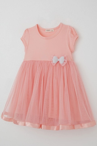 Breeze Kız Çocuk Elbise Tüllü Simli Fiyonk Aksesuarlı 2-6 Yaş, Somon SOMON