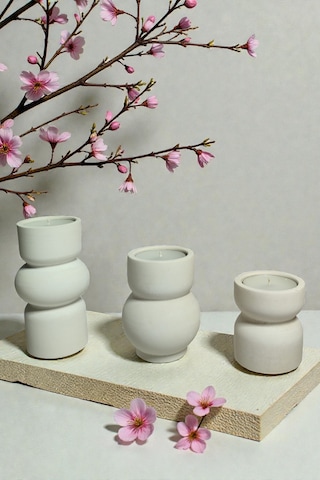 3lü Tealight Mumluk Seti - Dekoratif Beton Mumluk - Mumlar Dahildir Beyaz