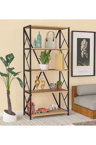 Morpanya Armarse Dekoratif 5 Raf Ahşap Kitaplık Metal Kitaplık Raf Dosya Kitap Rafı Salon Rafı Çam