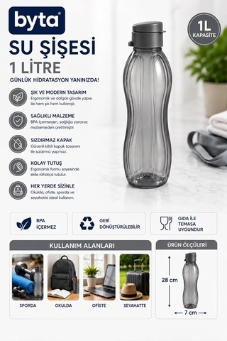 Plastik Su Şişesi Matara, 1000 Ml, Siyah Çok Renkli