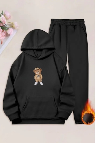 Unisex Siyah Nyc Ayıcık Baskılı Eşofman Kapüşon- Kışlık Şardonlu Kumaş Siyah