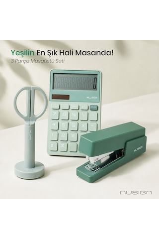 Nusign Hesap Makinesi &zımba & Makas Kırtasiye Seti -yeşil