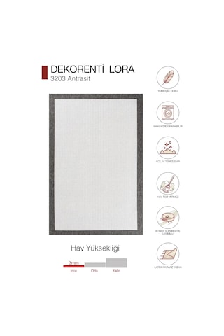 Hoom Rugs Lora 3203 Antrasit Çerçeveli Çizgili Pamuk Taban Hav Toz Vermez Sisal Halı