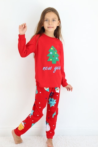 Kız Çocuk Orta Kalınlıkta Basic Baskılı Pijama Takımı Kırmızı