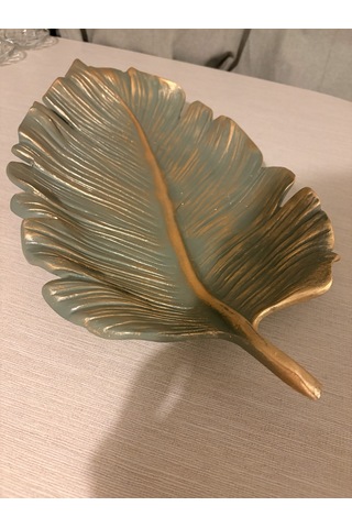 Dekoratif Büyük Boy Yaprak Tabak / Sunumluk Haki & Eskitme Altın Yaldız 35x20 Cm
