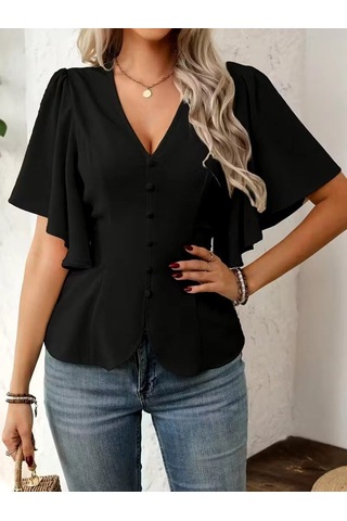 Efnaz Style Kadın Kısa Kollu Önden Düğmeli Ithal Krep Bluz siyah