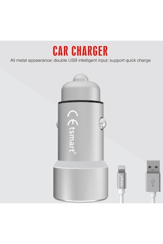 Tsmart Iphone Şarj Kablolu 2 Usb Metal Araç Şarj Seti 3.6A
