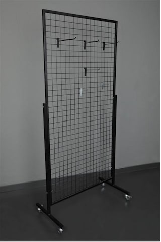 Tekerlekli Sık Telli Tel Raf - Tel Pano Stand, Duvar Askılığı 90x190 Cm Siyah