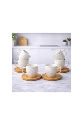 6 Kişilik Porselen Türk Kahvesi Fincan Takımı.bambu Tabaklı Premium Kahve Seti,sınırlı Stok-çiçek Beyaz